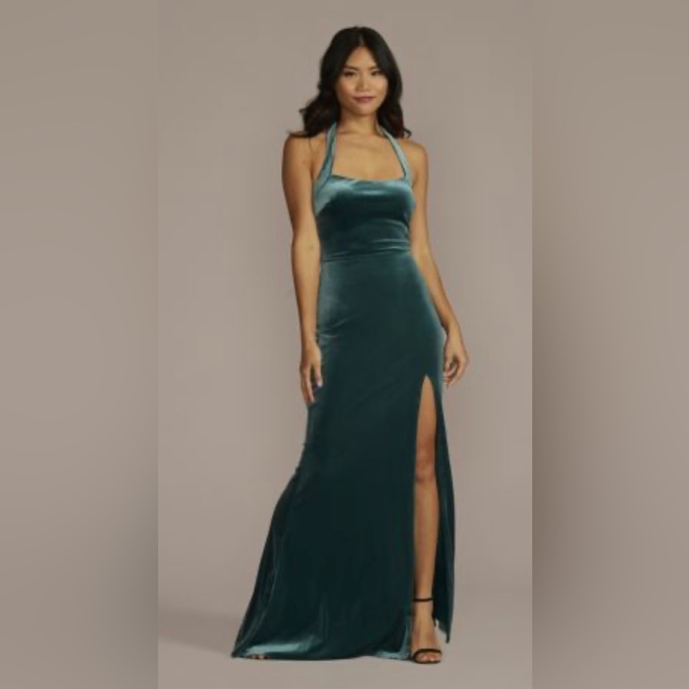 David's Bridal Teal Velvet Halter Gown with Thigh Slit